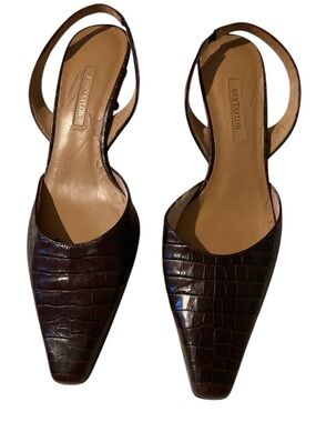 Anne Taylor Brown Croc-Embossed Slingback Kitten Heel Sandals